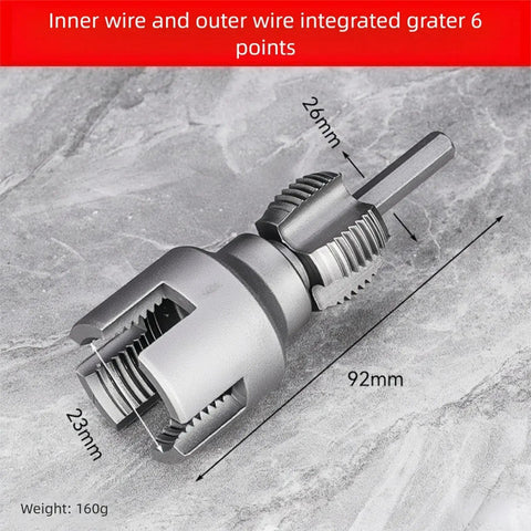 Heavy Duty Pipe Thread Cutting Tool Kit For PVC With Internal External Tap And Die Set Compatible With Electric Drill DN15 12 Inch And DN20 34 Inch Sizes showing integrated grater detail.