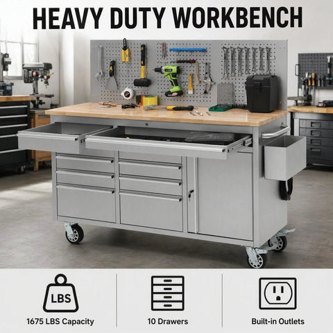 Heavy Duty Rolling Tool Chest With Ball Bearing Slides And Rock Solid Steel Workbench Storage Rack, mobile with 10 drawers.