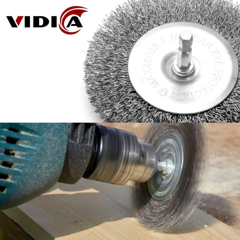 Heavy Duty Drill Wire Brush Set Nine Piece With Abrasive Wire Wheels Cups And Pen Brushes on a wooden surface with drill attachment