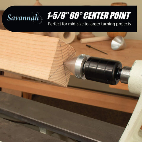 Heavy Duty Dual Bearing Live Center For Woodworking Lathes And Wood Turning Projects No Nonsense Ultra Smooth Performance With Minimal Play For MT2 Lathes Reducing Vibration And Surface Marks, shown attached to lathe with wood piece