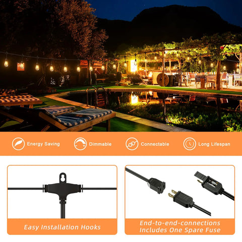 Outdoor String Lights 100Ft IP65 Waterproof Connectable Dimmable Patio Cafe Porch Party Vintage Edison Shatterproof Bulbs E26