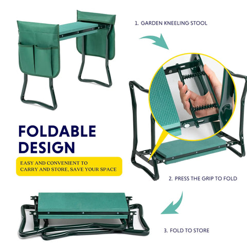 Garden Kneeler And Seat Foldable Bench With Soft EVA Foam Pad For Comfort All In One Outdoor Stool For Gardening Fishing And Camping Two Tool Pouches Included Green.