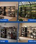Modular Garage Storage System with workbench and pegboard shelving in living room, greenhouse, garage, and home office settings.
