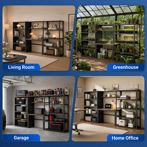 Modular Garage Storage System with workbench and pegboard shelving in living room, greenhouse, garage, and home office settings.