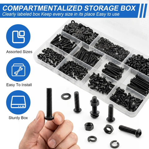 192 Piece M6 Hex Socket Button Head Screw Assortment Kit With Dead Simple 10 9 Grade Bolts in a compartmentalized storage box.