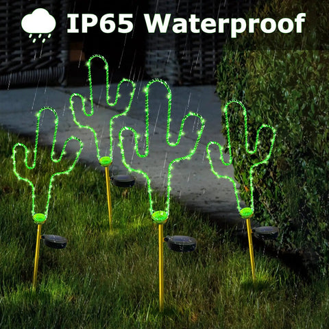 2 Pack Solar Cactus Walkway Lights For Outdoor Garden Pathway Lawn Patio Decor Waterproof Stake Lights glowing at night
