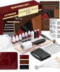 Full Grain Leather Crafting Kit With Genuine Cowhide Tools And Paint Set For DIY Wallet Making, shown with tools and dyes