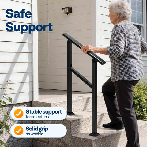 Rock Solid Outdoor Handrail For Stairs And Deck Heavy Duty Straight Rail on outdoor stairs with elderly user, durable support.
