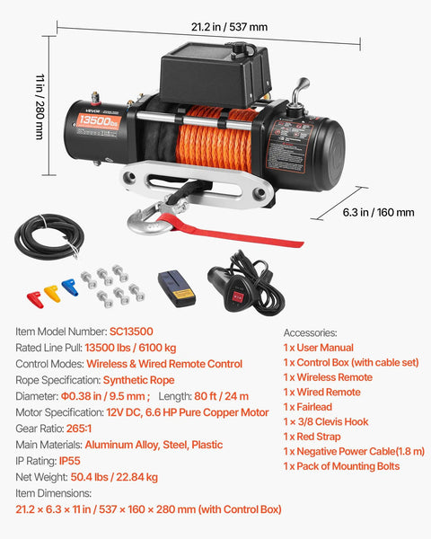 Beefy 13,500 Lb Electric Winch For Off Road Rigs And Trucks 12V DC Three Eighths Inch X 80 Ft Synthetic Rope Aluminum Fairlead