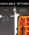 Vault V100 Tough As Nails Multi Purpose Hard Case interior options with customizable foam or orange padded dividers.