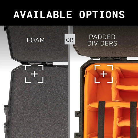 Vault V100 Tough As Nails Multi Purpose Hard Case interior options with customizable foam or orange padded dividers.