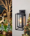 14 Inch Double Cage Outdoor Wall Lights 2 Pack Exterior Porch Lantern Sconces with clear glass and black metal finish.