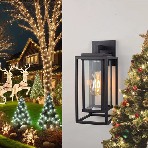 14 Inch Double Cage Outdoor Wall Lights 2 Pack Exterior Porch Lantern Sconces with clear glass and black metal finish.