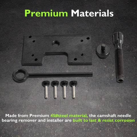 Mofun camshaft bearing installer/remover kit for Harley, black metal base plate, long rod, ring tool, bolts (front view)