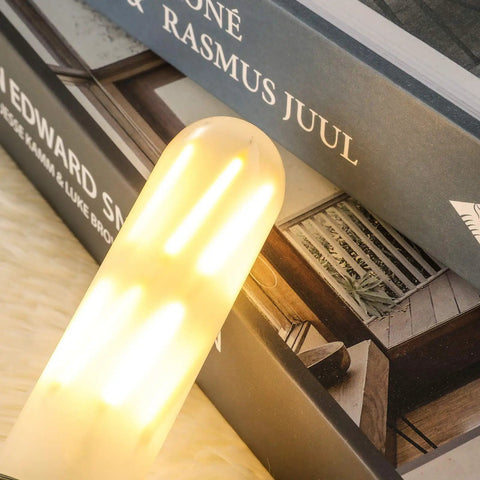 Dimmable 6W Tubular LED Bulb, 2700K warm white, glowing near books, frosted finish, perfect for desk lamps and pendant lights.