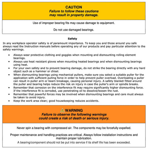 Front view of bearing safety label with caution and warning sections; orange warning bar at bottom.