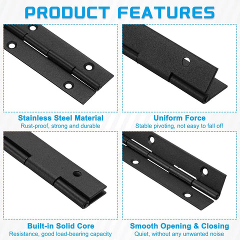 Tough As Nails 36 Inch Continuous Piano Hinge With Mounting Screws 1.5 Inch Open Width Black Coated Steel showing features