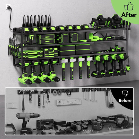 Power Tool Wall Mount Organizer With Charging Station And 8 Outlet Strip Heavy Duty Garage Drill Rack for battery charging