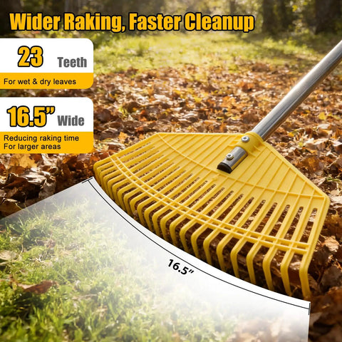 Unbreakable Nylon Leaf Rake With 16.5 Inch Wide Head And 45 Inch Long Handle displayed on leaves showing rake width and tines