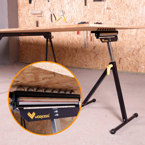 Three In One Roller Stand For Woodworking With 132 Lb Load Capacity And Outfeed Roller, black steel frame in workshop
