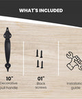 10 Inch Ornamental Gate Handle Built Tough Decorative Pull For Gates Barn Doors Fences Sheds Garages Closets Pantries Sliding Doors Indoor Outdoor Use Black Powder Coated Finish with screws and installation guide
