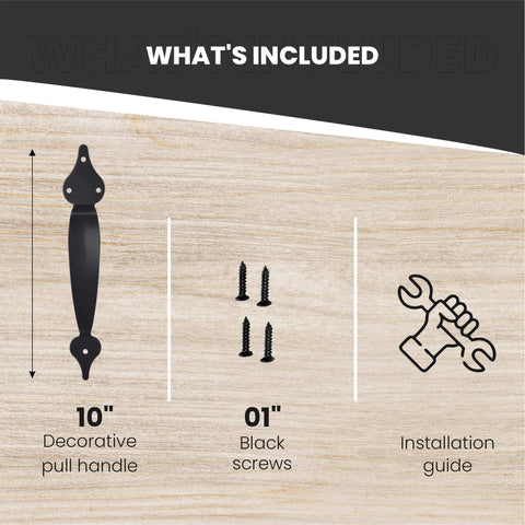 10 Inch Ornamental Gate Handle Built Tough Decorative Pull For Gates Barn Doors Fences Sheds Garages Closets Pantries Sliding Doors Indoor Outdoor Use Black Powder Coated Finish with screws and installation guide