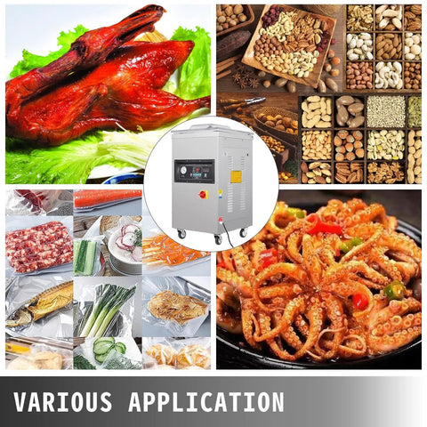 Straight Up One Thousand Watt Vacuum Sealer For Kitchen Storage And Light Commercial Use, Solid As A Rock Chamber with various foods.