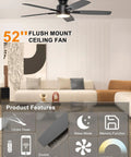 Sleek 52 Inch Low Profile Ceiling Fan In Matte Black With Bright SMD LED Lights Riding On A Dead Silent Reversible DC Motor Controlled Easy By Smart App Or Hand Held Remote, modern design in living room.