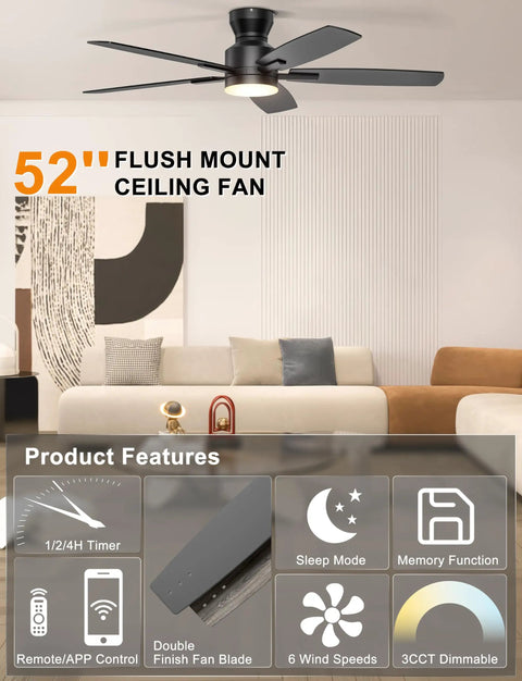 Sleek 52 Inch Low Profile Ceiling Fan In Matte Black With Bright SMD LED Lights Riding On A Dead Silent Reversible DC Motor Controlled Easy By Smart App Or Hand Held Remote, modern design in living room.