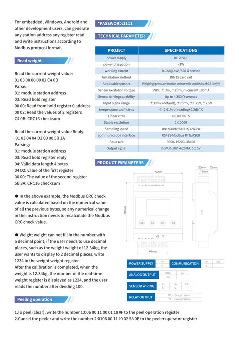 Load Cell Amplifier And Weighing Transmitter With RS485 4-20mA 0-5V 0-10V Outputs, No Fuss Modifiable LED Display, English Interface, Multi Protection Sensor Unit For Precise Weight Readings And Easy Setup. DIN rail module dimensions and wiring diagram