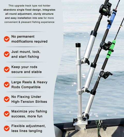 Heavy-Duty Triple Rod Tree For Boats, 3 Aluminum Rod Holders With 360 Degree Swivel And 180 Degree Tilt, Gunnel Track Mount Trolling Rack - Fits Kayaks, Fishing Boats, And Small Vessels, mounted on boat rail