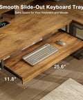 Rustic Brown 59 Inch L Shaped Electric Standing Desk With Drawers, showcasing slide-out keyboard tray with mouse and dimensions.