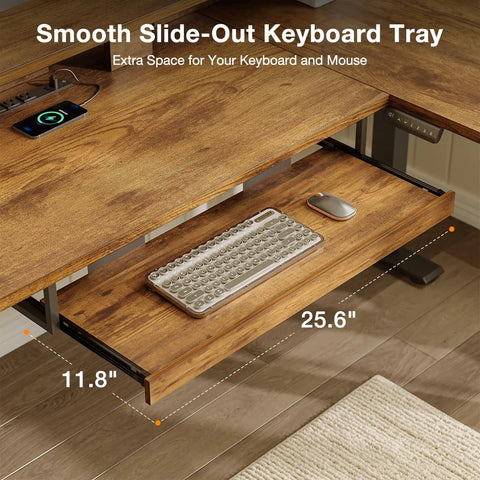 Rustic Brown 59 Inch L Shaped Electric Standing Desk With Drawers, showcasing slide-out keyboard tray with mouse and dimensions.