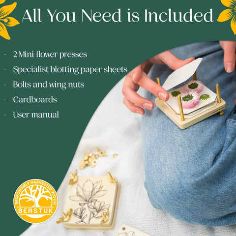 Person holding Ultra Portable 3x3 Inch Flower Press Kit Two Pack For Adults with pressed flowers on top, showing contents.