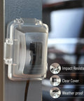 Insane Weatherproof Electrical Outlet Covers 3 Pack 1 Gang Outdoor Plugs Sun Stabilized Polycarbonate attached to wall.
