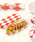 Bulk 300 Piece 6 Inch Disposable Paper Hot Dog Trays Featuring A Red Diamond Grid Layout Grease Resistant Serving Plates For Backyard Cookouts And Weekend Kickbacks with hot dog inside.