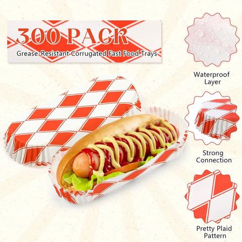 Bulk 300 Piece 6 Inch Disposable Paper Hot Dog Trays Featuring A Red Diamond Grid Layout Grease Resistant Serving Plates For Backyard Cookouts And Weekend Kickbacks with hot dog inside.
