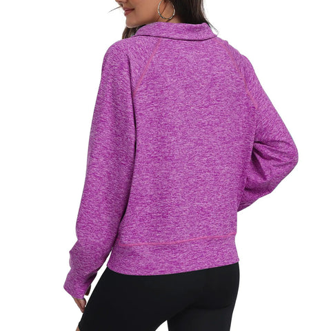 Back view of Women's Half Zip Fleece Sweatshirt With Kangaroo Pocket, Soft Stretch Knit, perfect for spring and fall in Purple Rose XL