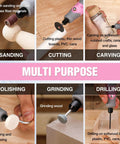Cordless Rotary Tool Kit With 71-Piece Accessory Set, 3 Speeds, USB Rechargeable Mini Rotary Tool For Engraving, Sanding, Polishing, Carving, Cutting, And DIY Crafts - Pink Ribbon in action showing sanding, cutting, carving, polishing, grinding, and drilling on various materials.