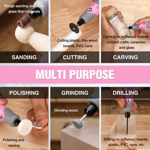 Cordless Rotary Tool Kit With 71-Piece Accessory Set, 3 Speeds, USB Rechargeable Mini Rotary Tool For Engraving, Sanding, Polishing, Carving, Cutting, And DIY Crafts - Pink Ribbon in action showing sanding, cutting, carving, polishing, grinding, and drilling on various materials.