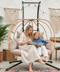 Double Egg Chair Outdoor With Stand For Two People Cushions And Headrest 80 Inch Hanging Swing Chair Basket In Brown For Patio Deck Garden Indoor Weatherproof Powder Coated Frame with people