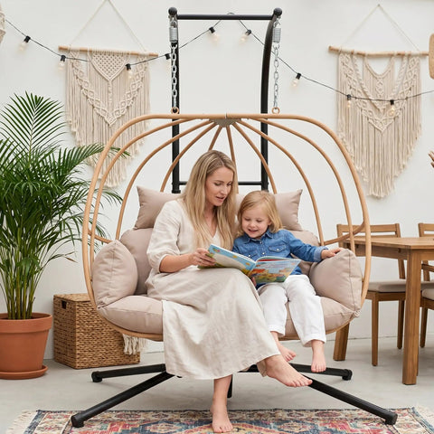 Double Egg Chair Outdoor With Stand For Two People Cushions And Headrest 80 Inch Hanging Swing Chair Basket In Brown For Patio Deck Garden Indoor Weatherproof Powder Coated Frame with people