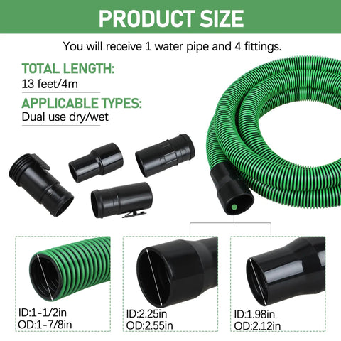 Hose Kit For 1-7/8 Inch Vacuums With Universal 2-1/2 Inch Adapters, 13 Foot Wet Dry Vacuum Hose With 6 Fittings, Black And Green