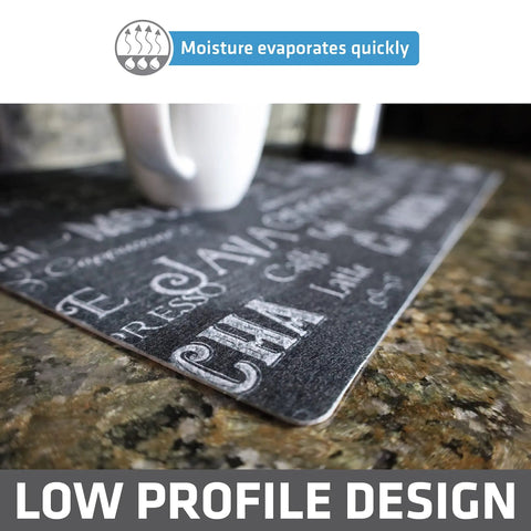 Coffee Bar Mat For Espresso Station Protects Countertops From Spills And Scratches With Absorbent Waterproof Washable Construction Sized 12 By 20 Inches USA Made Java Chalkboard Design, close-up of design on granite countertop