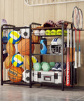 Garage Sports Equipment Organizer With Ball Storage Large Capacity For Gear And Toys Includes Hooks And Baskets For Basketballs Soccer Balls Footballs Golf Balls Bats And More