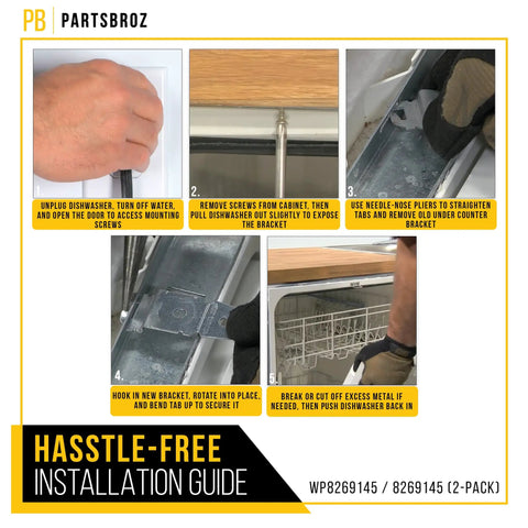 Installation guide for two pack dishwasher mounting bracket for Whirlpool Maytag and Kenmore easy install direct replacement.