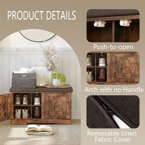 Rustic Brown Entryway Shoe Bench With Doors Cushioned Seat 2 Tier Shoe Rack With Six Cubbies 31.5 Inch L 13.8 Inch W Cabinet Organizer