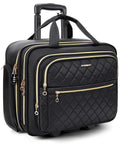 Rolling Laptop Bag For 15.6 Inch Laptop Underseat Carry On Luggage With TSA Lock, black quilted exterior, gold zippers, wheels.