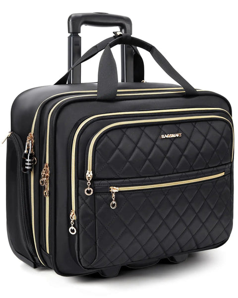 Rolling Laptop Bag For 15.6 Inch Laptop Underseat Carry On Luggage With TSA Lock, black quilted exterior, gold zippers, wheels.