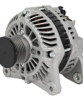 Side view of Beefy 100 Amp 12V Alternator Replacement For Nissan NV200 2.0L 2015, Sentra 2.0L 2010-2012, Versa 1.8L 2009-2012 CW Pulley IR Internal Regulator High Output Auto Alternator with silver casing and black components